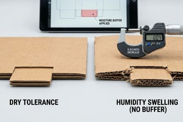 Corrugated Humidity Swelling Corrugated cardboard samples compare Dry Tolerance to Humidity Swelling (No Buffer), with a micrometer showing a 0.04 Inch Increase, demonstrating moisture buffer necessity.