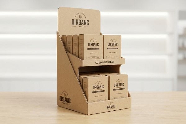 A two-tiered corrugated kraft cardboard custom display for Oirbanc Grand Bark and Organic products, positioned on a light wooden surface in a retail setting.