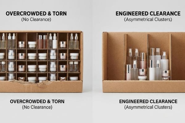Corrugated box comparison: 'Overcrowded & Torn (No Clearance)' with torn dividers vs. 'Engineered Clearance (Asymmetrical Clusters)' for cosmetics.