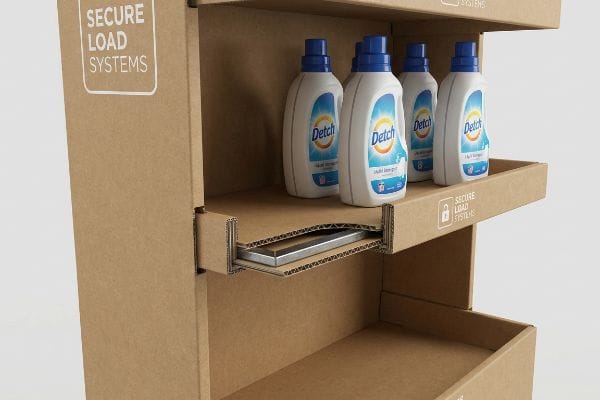 Secure Load Shelf System Corrugated cardboard display shelf with Detch Liquid Detergent bottles, featuring a hidden metal support bar for Secure Load Systems.