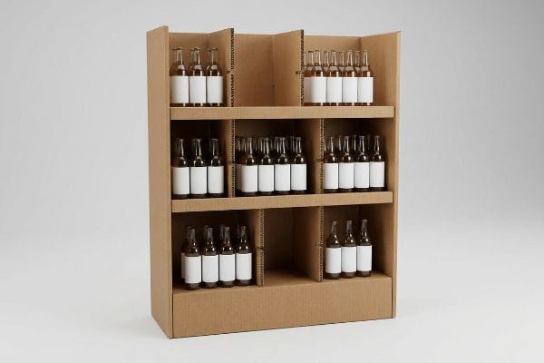 Corrugated cardboard multi-tiered floor merchandiser showcasing amber bottles with blank labels, arranged with modular dividers following the 3-5-7 asymmetry rule.