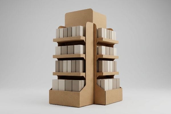 Cardboard End Cap Display A multi-tiered corrugated cardboard end cap display, featuring shelves stocked with light-colored boxes, designed for retail product presentation.