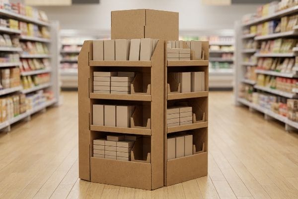 Corrugated POP Display A retail aisle features a brown corrugated point of purchase display unit, multi-tiered with plain cardboard boxes, designed for impulse conversions.