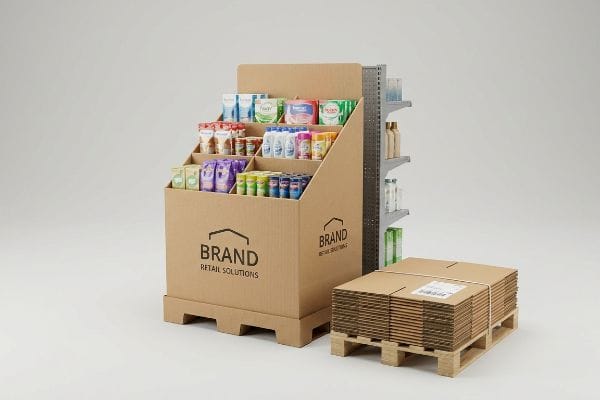 Cardboard Pallet Display Logistics This image displays a Brand Retail Solutions corrugated cardboard pallet display, stocked with products, beside metal shelving and flat-packed boxes on a wooden pallet.