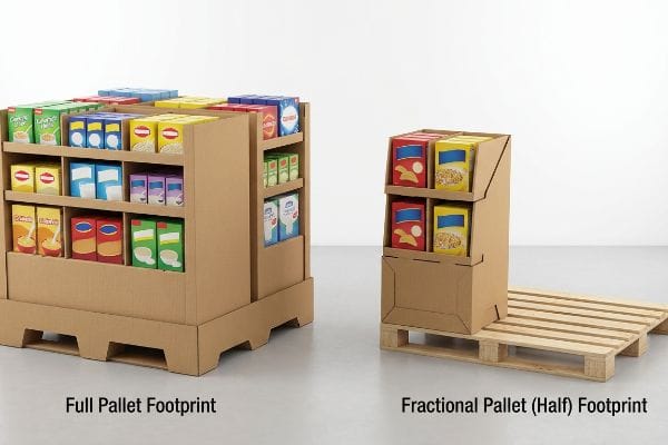 Brown corrugated cardboard displays, contrasting a Full Pallet Footprint merchandiser with a Fractional Pallet (Half) Footprint unit on a wooden pallet.