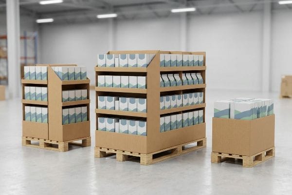 Brown corrugated cardboard full, half, and quarter pallet displays, filled with white product boxes featuring blue-green patterns, stand on wooden pallets in a warehouse.