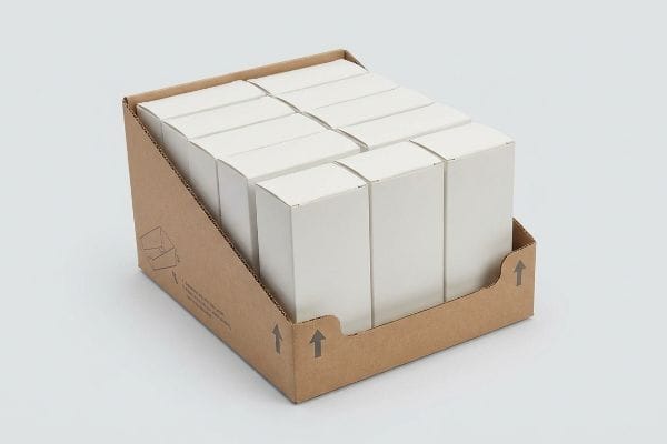 Bandeja de exposição para varejo PDQ Uma bandeja expositora PDQ de papelão ondulado marrom comporta várias caixas brancas prontas para venda, projetada para uma exposição eficiente dos produtos.
