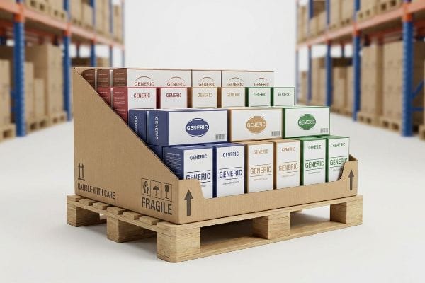 A warehouse setting features a corrugated cardboard PDQ tray on a wooden pallet, filled with multi-colored Generic product boxes.