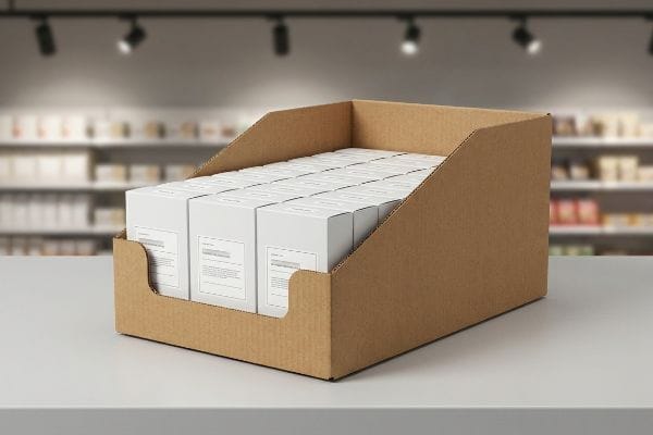 On a retail counter, a brown corrugated PDQ tray holds multiple white product boxes, ideal for quick display.