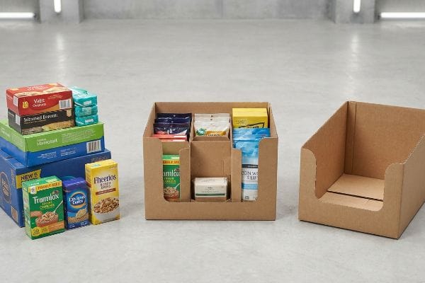 Corrugated PDQ Tray Display A retail display features a filled corrugated PDQ tray and an empty one, with stacked food boxes including Fheerios and Tremilox nearby.