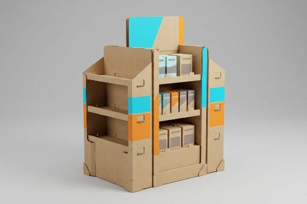 Cardboard POP Display Unit A sturdy corrugated cardboard point-of-purchase display features multiple shelves stocked with small product boxes, highlighted by vibrant blue and orange graphic accents.