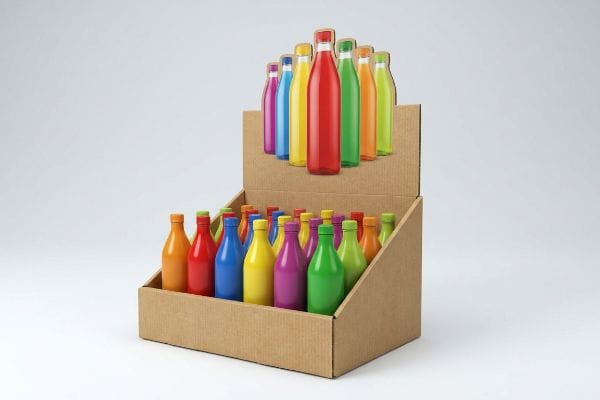 Brown corrugated POP display showcasing colorful plastic bottles with a die-cut header, ideal for retail merchandising.