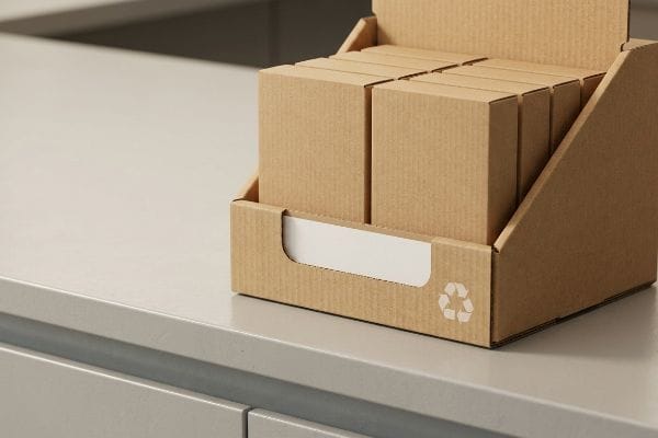 Corrugated POP Display Boxes A brown corrugated cardboard POP display on a light gray counter, filled with plain brown boxes and featuring a white recycling symbol.