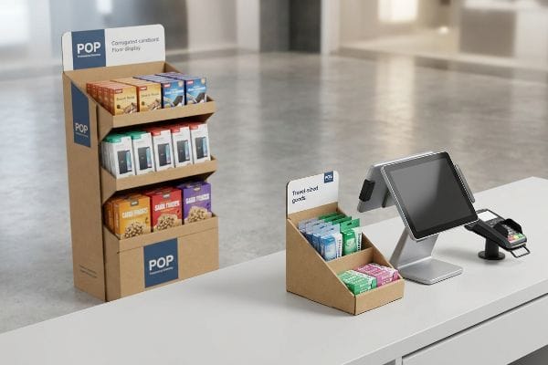 Cardboard POP POS Displays Corrugated cardboard POP floor display and a POP counter unit for 'Travel-sized goods' next to a POS system.