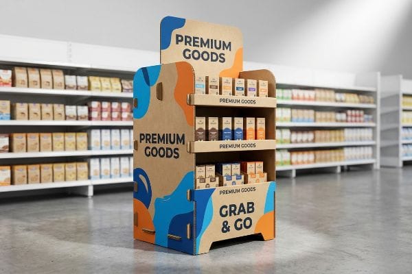 Corrugated cardboard floor display showcasing Premium Goods and Grab & Go products in a supermarket aisle.
