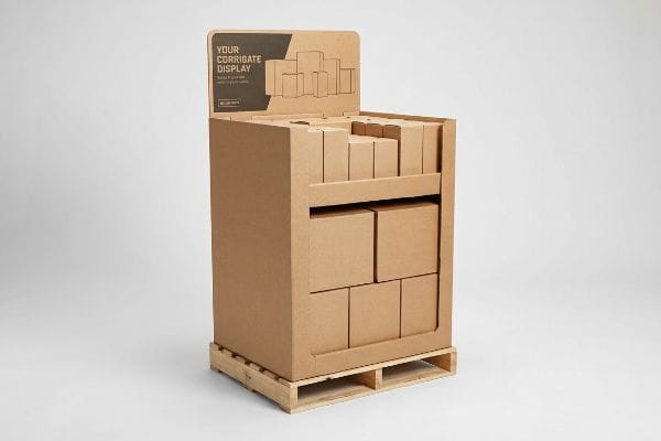 Corrugated Quarter-Pallet Display Corrugated quarter-pallet merchandiser on wooden pallet, header card with 'Your Corrugate Display' and 609.6x508mm dimensions.