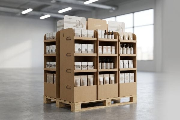Quarter Pallet Merchandisers Natural brown corrugated cardboard quarter-pallet merchandisers displaying various retail products, including Eco Cosmetics and Natural & Pure brands.