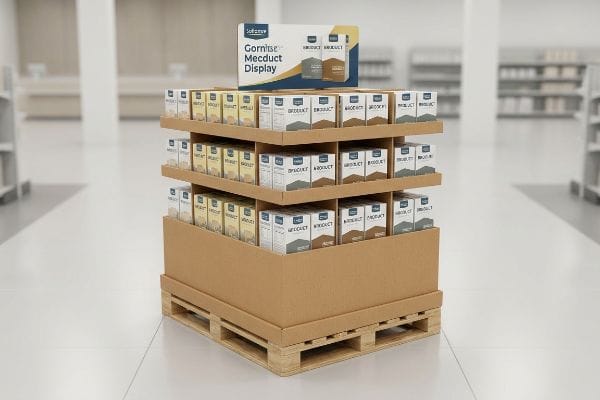 Gornitse Mecduct Display Corrugated quarter-pallet merchandiser with Softserve Gornitse Mecduct Display and product boxes on a wooden pallet.
