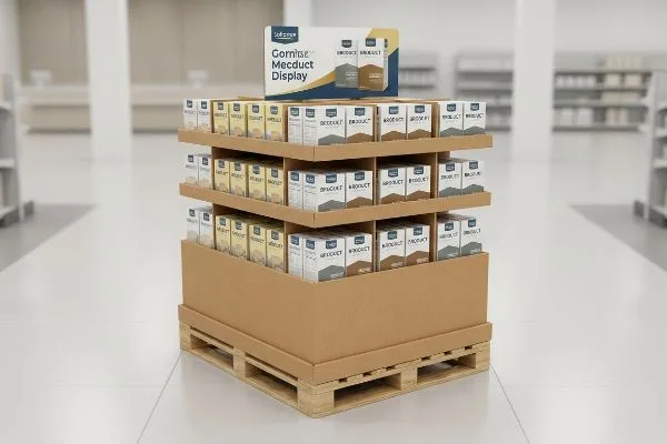 Wellpapp-Viertelpaletten-Verkaufsständer mit Softserve Gornitse Mecduct Display und Produktkartons auf einer Holzpalette.