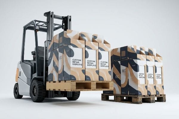 Corrugated paper pallets, stacked with 'Custom Retail Displays' boxes featuring a modern abstract pattern, are efficiently handled by a forklift.