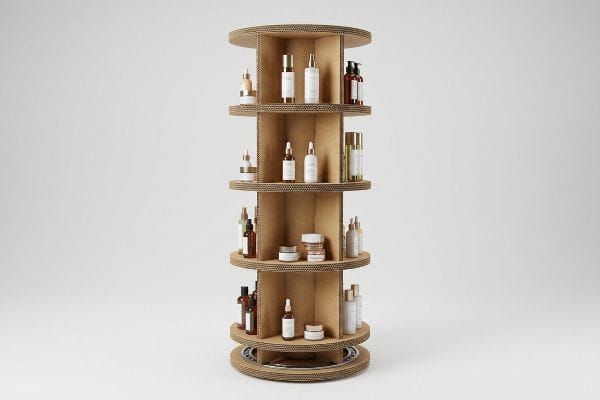 Corrugated cardboard 360-degree rotating floor merchandiser displaying various cosmetic bottles and jars on multiple circular shelves.