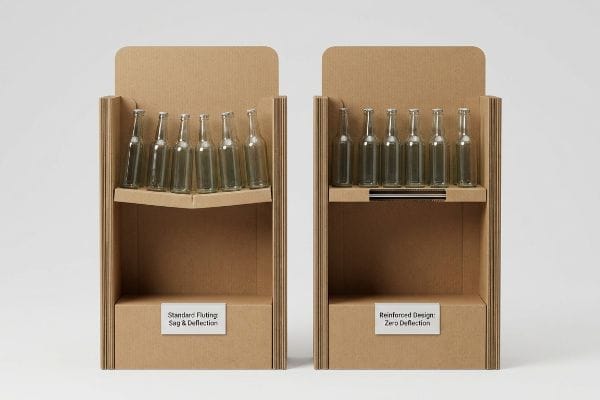 Corrugated cardboard retail end cap displays comparing Standard Fluting with Sag & Deflection to Reinforced Design with Zero Deflection, both holding glass bottles.