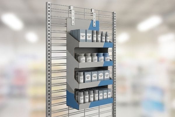 Sidekick Display Merchandiser A grey and blue corrugated sidekick display hangs on a metal wire grid rack, featuring four shelves with boxes and bottles labeled 'Generic Here', 'Goods Company', and 'Liquid Soap'.