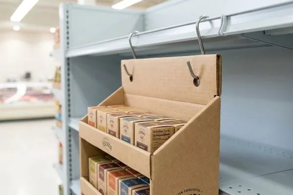 Corrugated sidekick display with small product boxes, secured by S-clips to a retail shelf, showing Nutrition Facts.