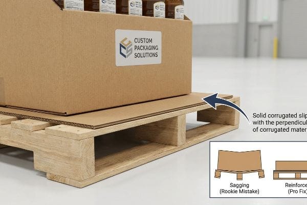 Solid corrugated slip sheet with perpendicular flutes under packaging box on a pallet, preventing sagging.