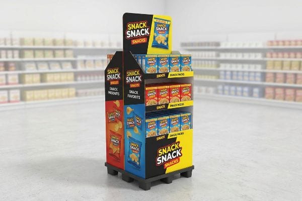 A colorful point-of-purchase display for Snack Snack Snacks, featuring corrugated tiers of snack products and favorites in a retail aisle.