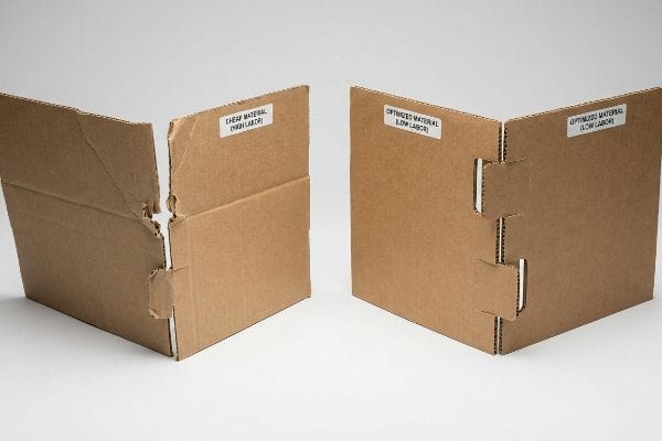 Cheap vs Optimized Packaging Brown corrugated cardboard displays comparing Cheap Material (High Labor) with Optimized Material (Low Labor) for packaging.