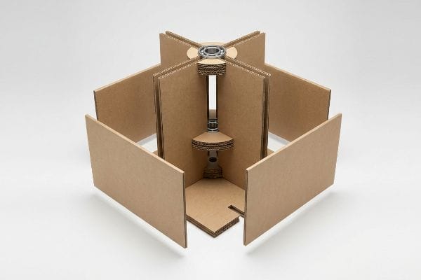 Brown corrugated cardboard kinetic spinner base with an exposed metal bearing and central isolated torque hub for structural support.