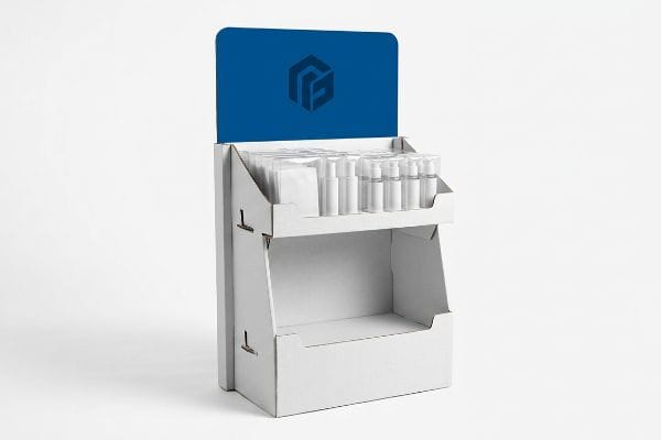 White corrugated cardboard two-tier POP display with a blue header and geometric logo, holding clear plastic bottles.