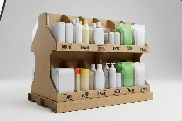 Cardboard Endcap Display Products A two-tier corrugated cardboard endcap display presents various white, yellow, and green product bottles and pouches, each labeled "Brand".