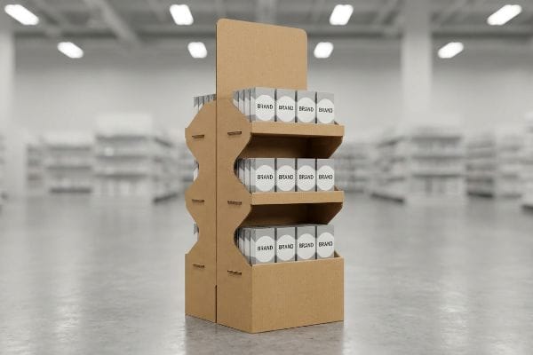 Corrugated cardboard retail display stand with three shelves, featuring gray Brand product boxes in a store aisle.