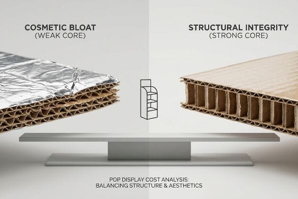 POP Display Core Comparison Silver foil laminated corrugated board (Cosmetic Bloat, Weak Core) versus exposed flutes (Structural Integrity, Strong Core) on a scale, for POP display cost analysis.