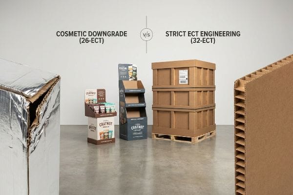ECT Downgrade vs Engineering A crushed silver Cosmetic Downgrade (26-ECT) box, CRATNOT displays, and sturdy Strict ECT Engineering (32-ECT) palletized boxes with visible flutes.