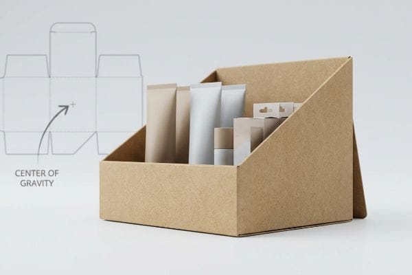 Display Gravity Diagram Brown kraft paper slanted counter display box filled with cosmetic tubes, featuring a Center Of Gravity diagram.