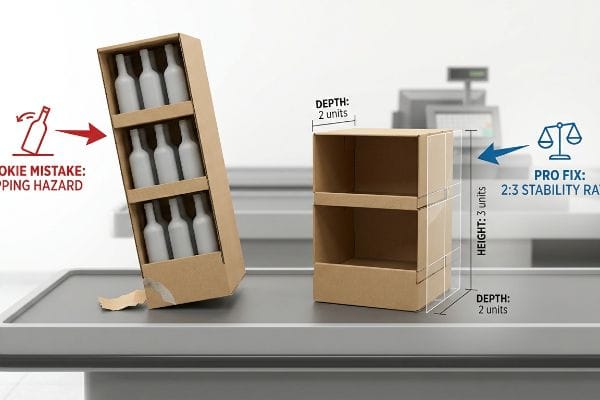 Light brown cardboard counter displays on a grey belt, illustrating a Rookie Mistake: Tipping Hazard with a tall, narrow unit filled with white bottles, versus a stable Pro Fix: 2:3 Stability Ratio unit, Depth: 2 units, Height: 3 units.