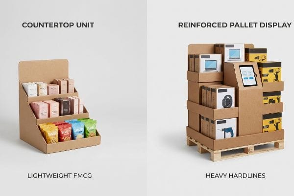 A brown corrugated cardboard countertop unit displays various small, colorful packaged Lightweight Fmcg items, including snacks and cosmetics.