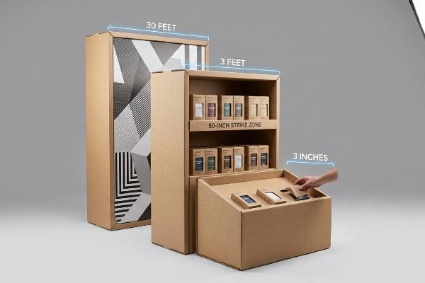 Cardboard retail display illustrating the 3-3-3 rule with 30-foot visual disruption, 50-Inch Strike Zone, and 3-inch exposed retaining lip.