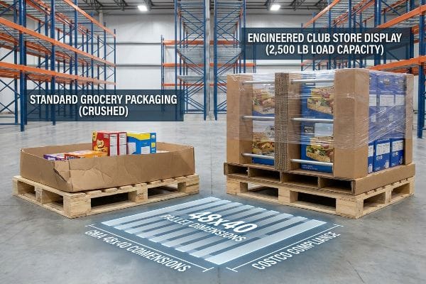 Crushed Standard Grocery Packaging on a pallet contrasts with a robust Engineered Club Store Display, showing 2,500 Lb Load Capacity and 48x40 Pallet Dimensions for Costco Compliance.