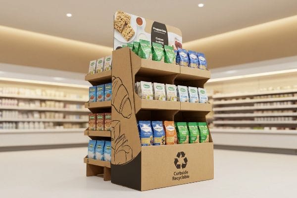 Présentoir alimentaire en carton Un présentoir PLV à plusieurs niveaux en carton ondulé dans un supermarché, mettant en avant les produits « Wholesome Custom Baking » et la marque « Curbside Recyclable ».
