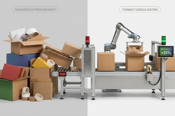 article-image Litho-laminated paper edges curl and lift from a corrugated B-flute cardboard substrate during a mechanical assembly line jam.