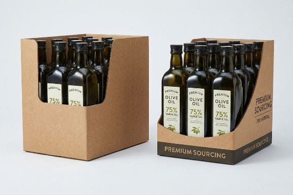 Brown corrugated trays with Premium Olive Oil 75% Varietal bottles. One hides labels, the other's die-cut swoop reveals them.