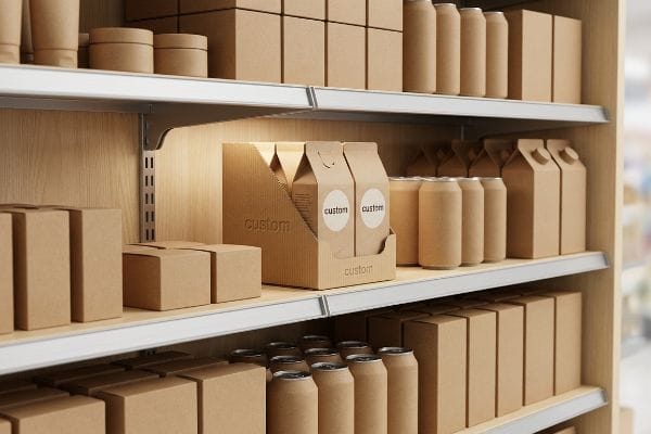 Retail shelves display various CPG products in brown kraft packaging, including boxes, cans, and cartons with 'Custom' labels.