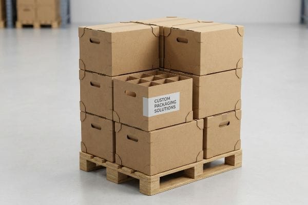 Brown corrugated boxes with cut-out handles, one displaying "Custom Packaging Solutions" and internal dividers, on a wooden pallet.
