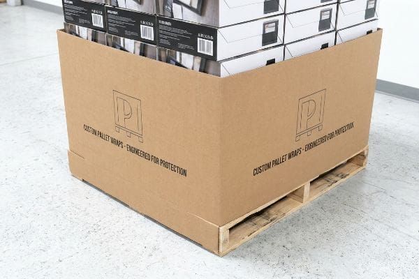A custom corrugated pallet skirt, branded with 'Custom Pallet Wraps - Engineered For Protection', protecting stacked boxes on a wooden pallet.