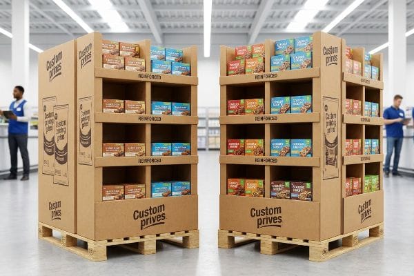 Two reinforced cardboard pallet displays, branded 'Custom Prives', stand in a retail aisle, merchandising snack bars on wooden pallets.