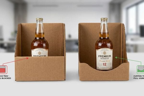 Custom vs Stock Tray Brown corrugated cardboard trays comparing a Stock Tray - Label Blocked with a Premium Beverage bottle to a Custom Tray - Full Visibility.